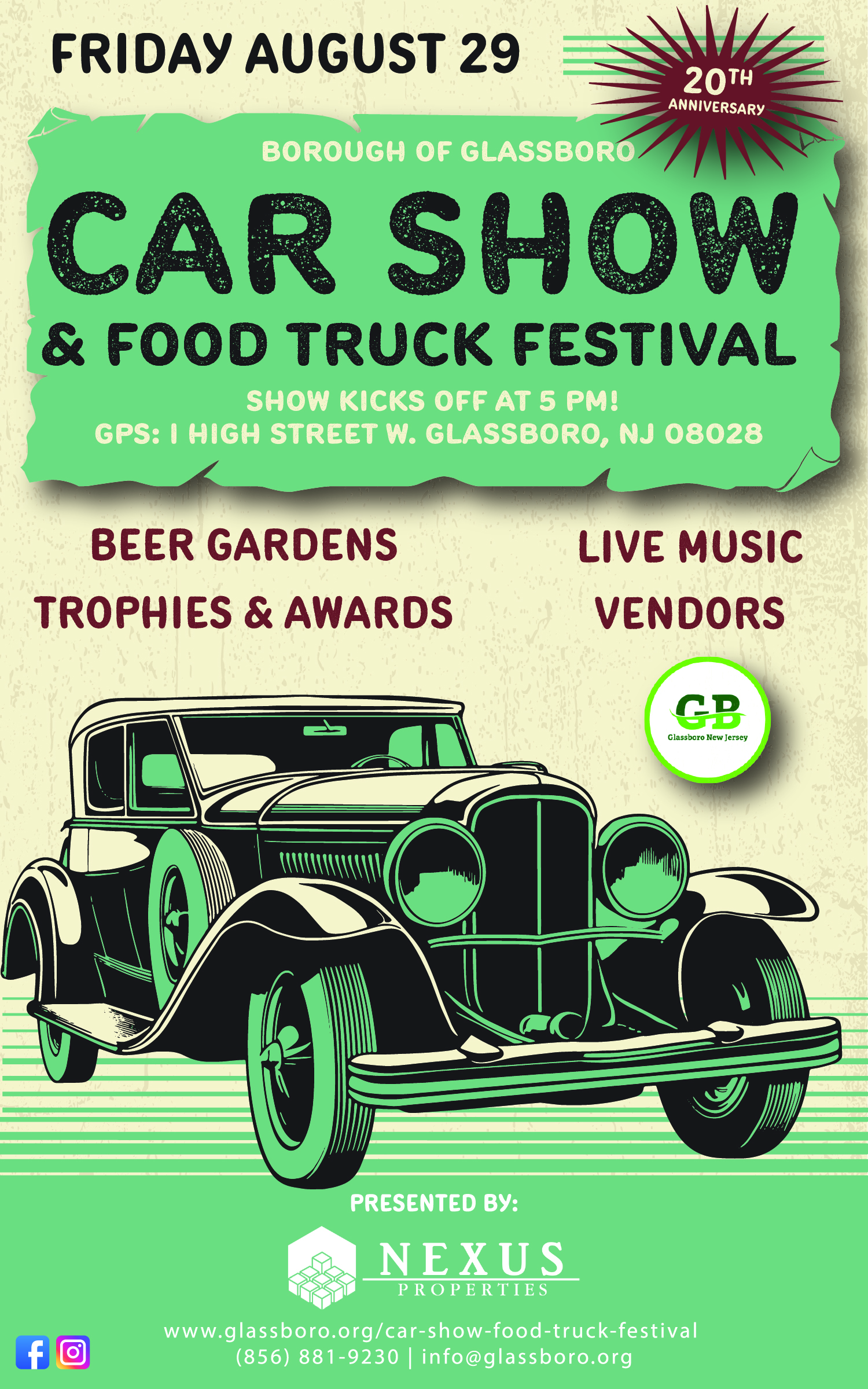 Borough of Glassboro’s Car Show and Food Truck Festival celebrates its 20th Anniversary on Friday, August 29th